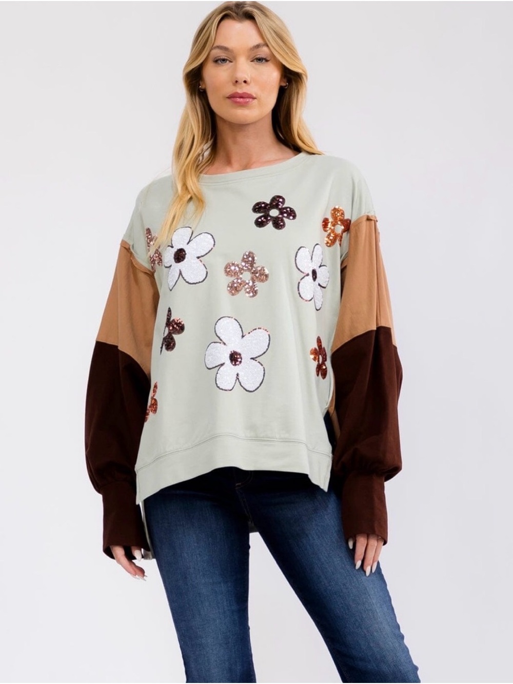 Sequin Flower Colorblock Pullover Sweatshirt - Sage, Tan & Brown